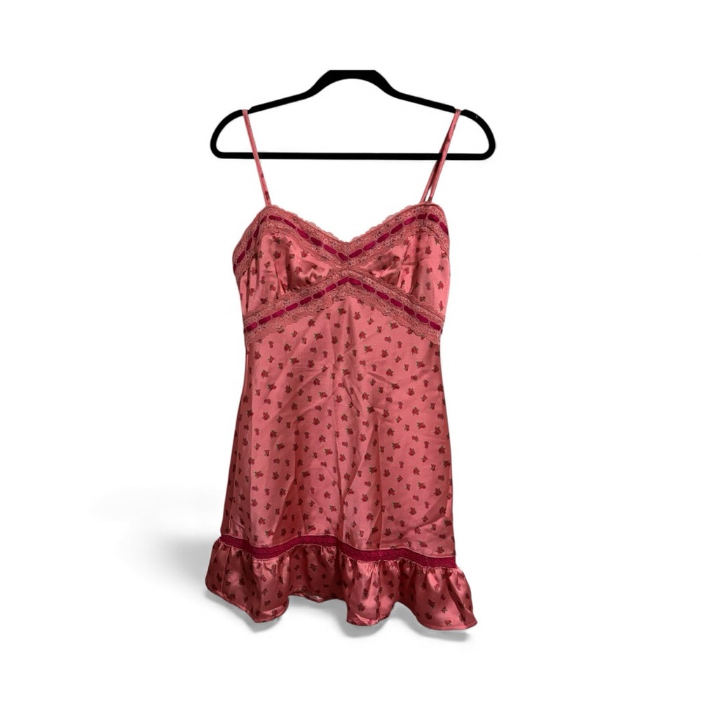 Betsey Johnson x Forever 21 Pink Floral Satin Lace Mini Len Slip Dress L - Picture 1 of 8